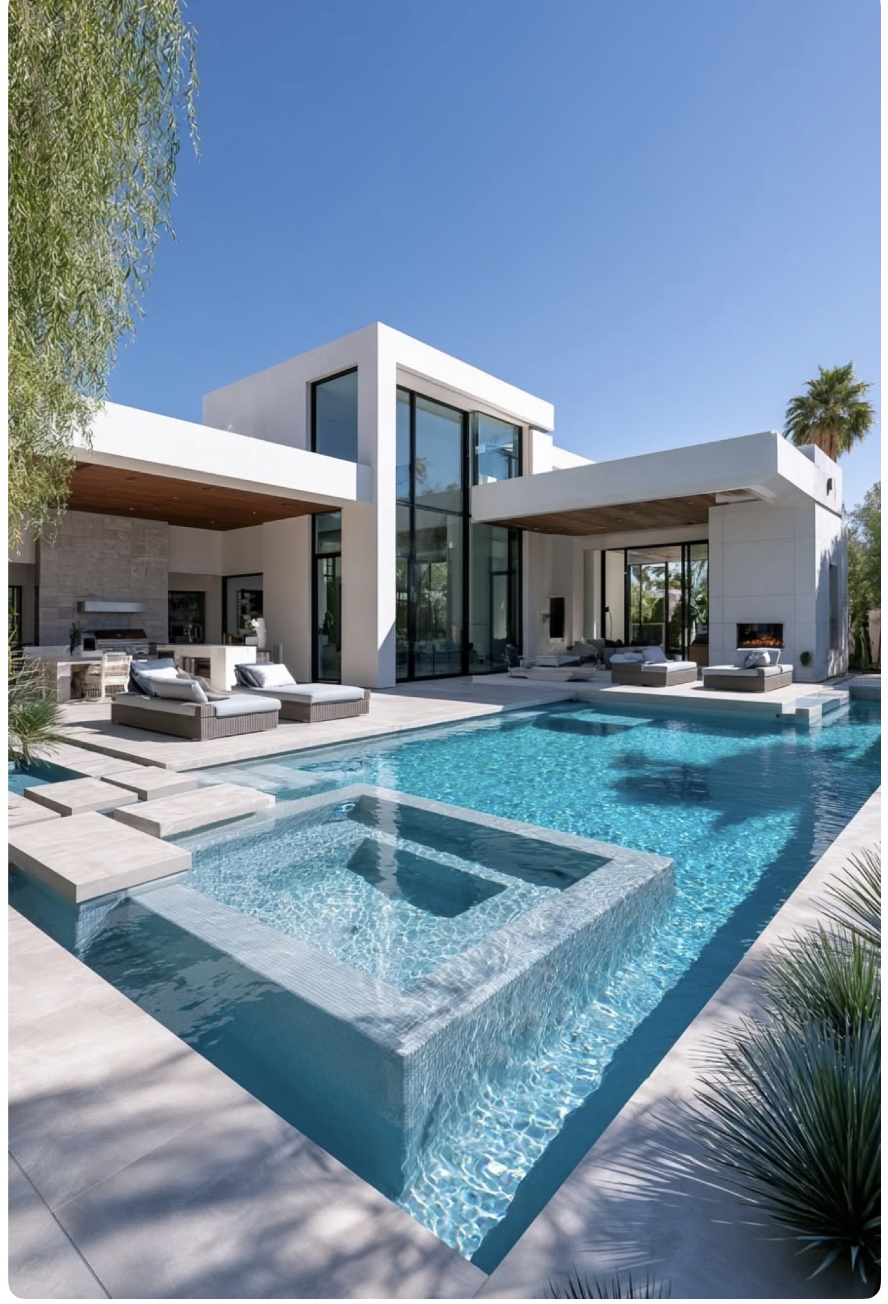 Modern white residence with a large swimming pool, raised spa and stepping-stone bridge