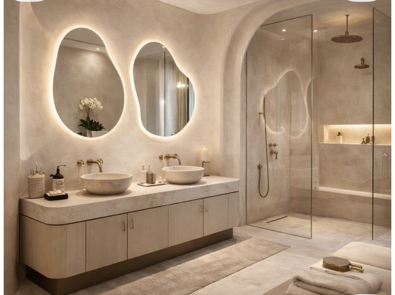 Luxury bathroom with double vanity, organic mirrors and frameless shower