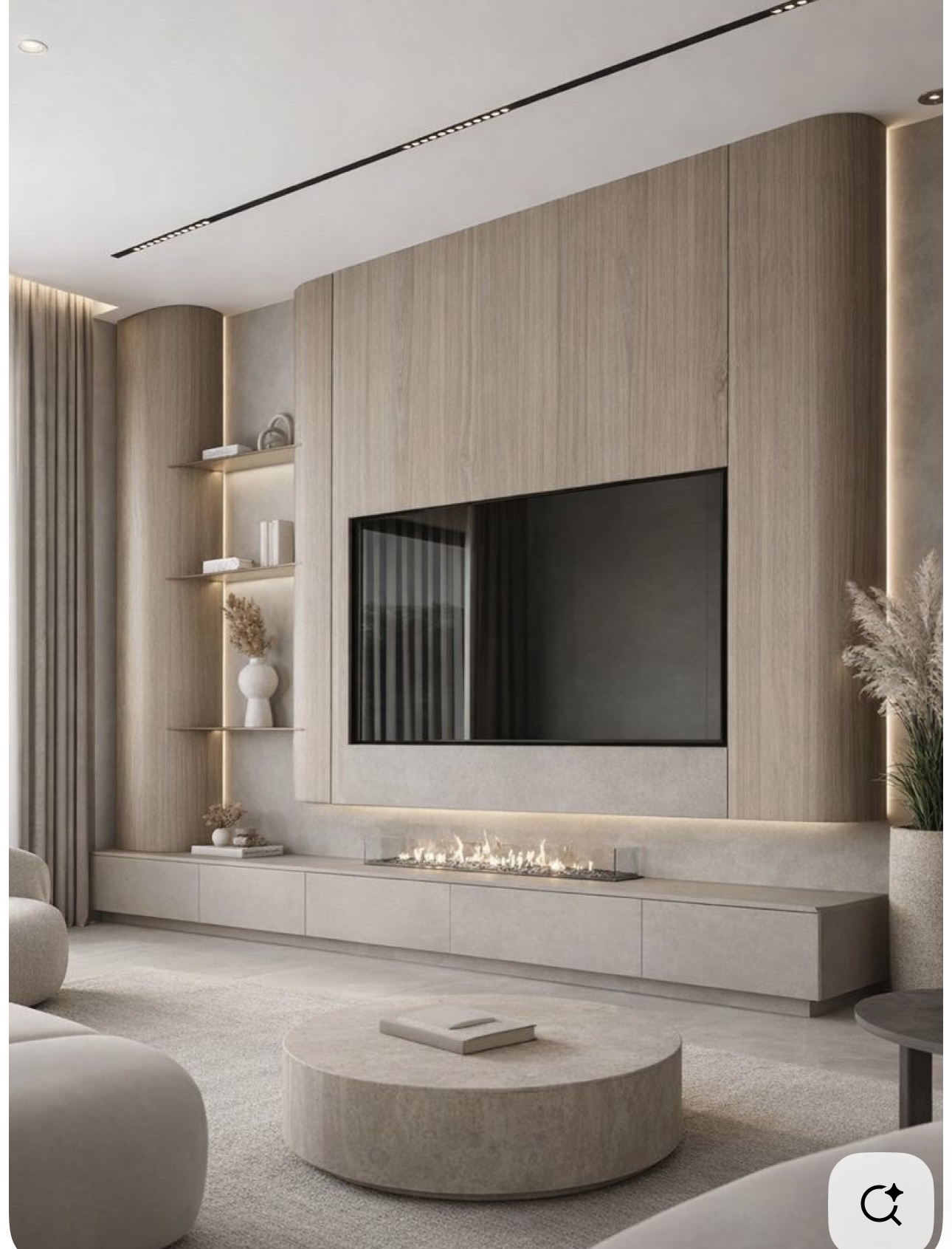 Modern living room with curved timber joinery, integrated television and linear fireplace