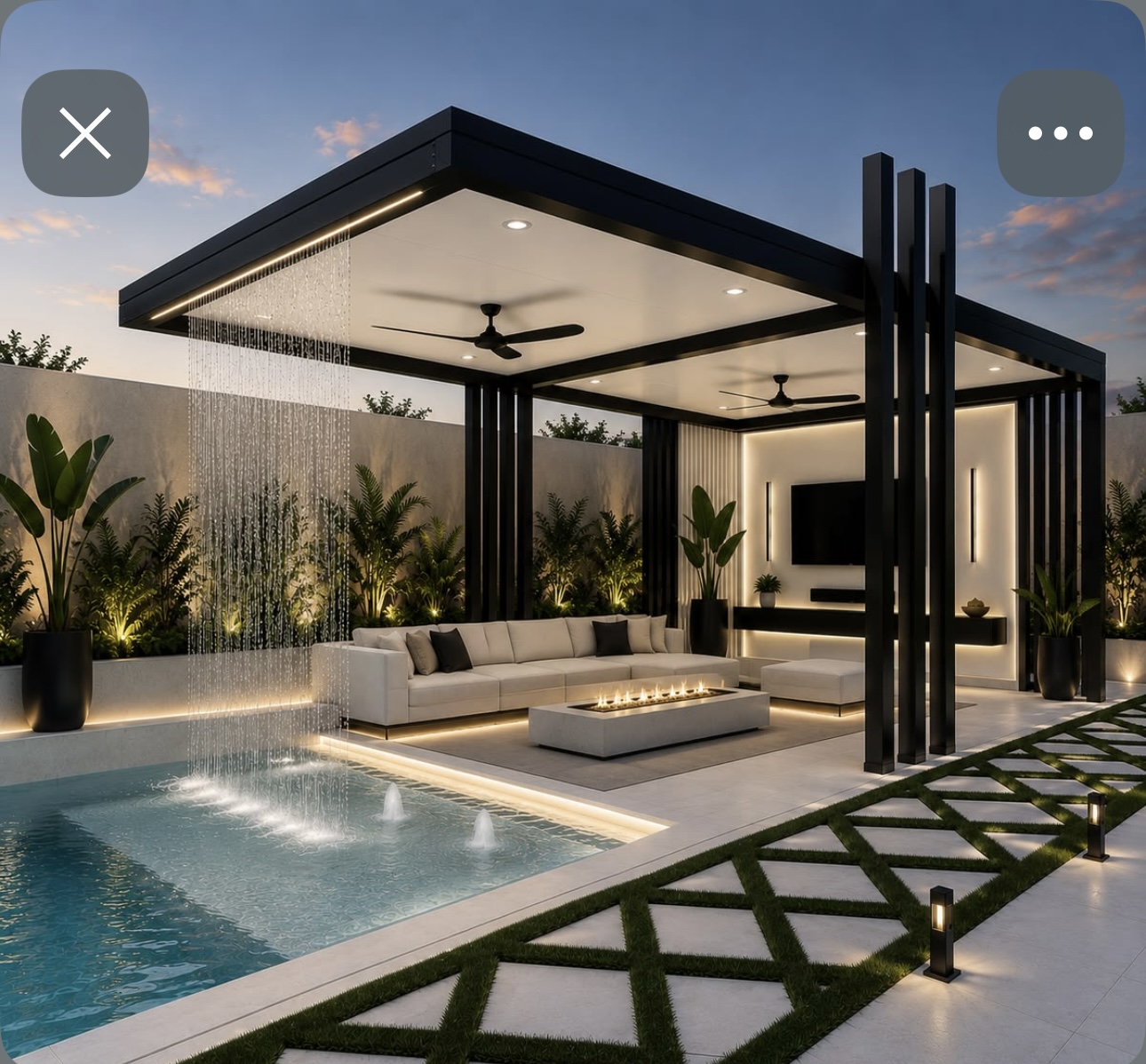 Black framed poolside pavilion with waterfall, fire feature and integrated lighting
